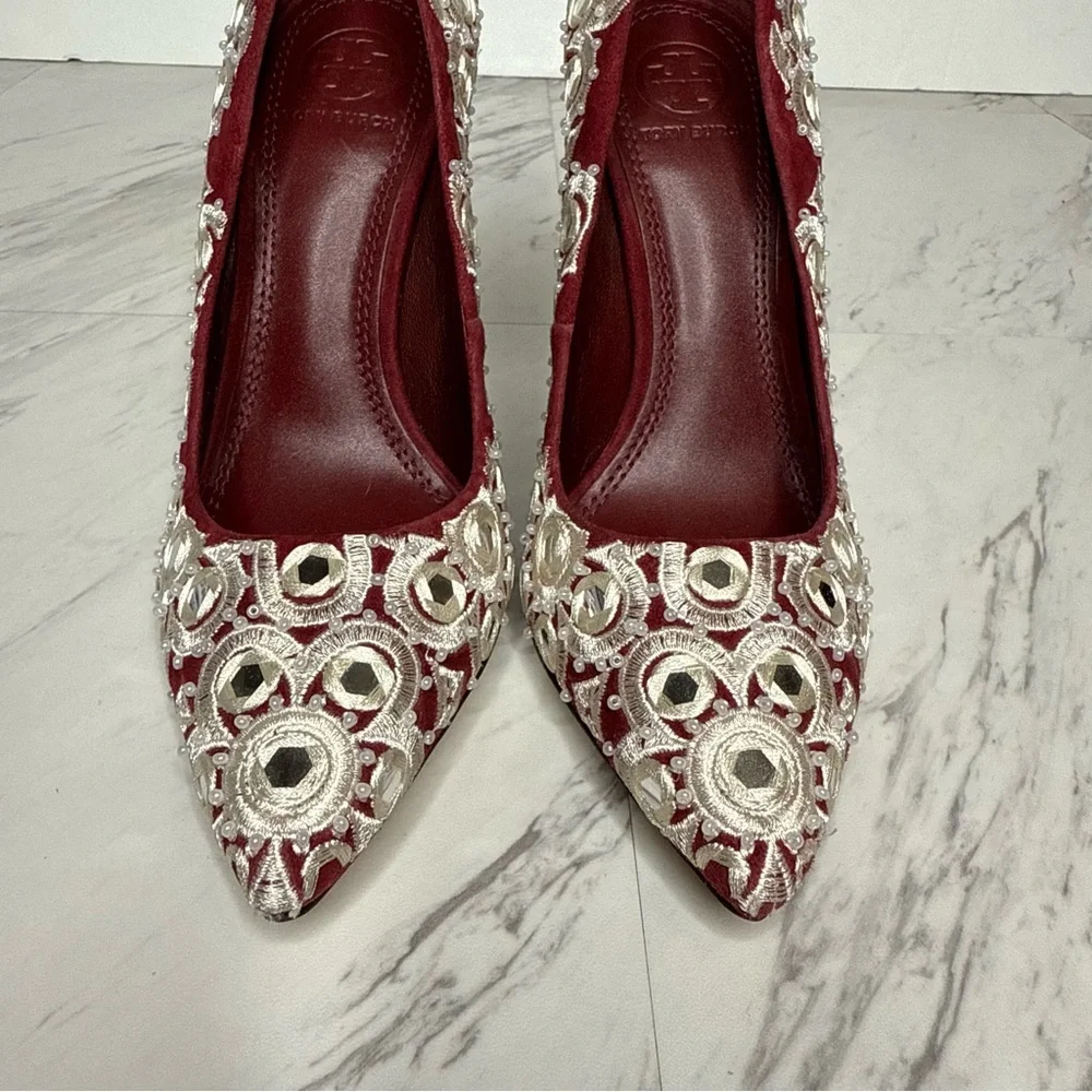 Tory Burch Francesca Red White Embroidered Pointy Toe Pump 5 1/2 M